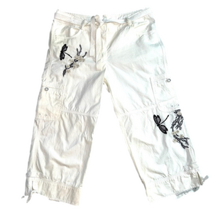 White House Black Market White Dragonfly Embroidered Crop Pants, Size 8